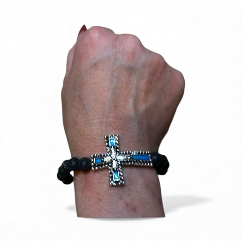 Glow in the dark! Black bead cross bracelet with blue accents OSFM nwot